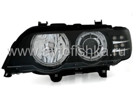 BMW X5 (98-03) фары передние линзовые черные, со светящимися ободками, с моторами электрокорректора, комплект 2 шт.