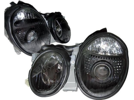 Mercedes CLK W208 (98-02) фары передние линзовые черные перфорированные, комплект 2 шт.