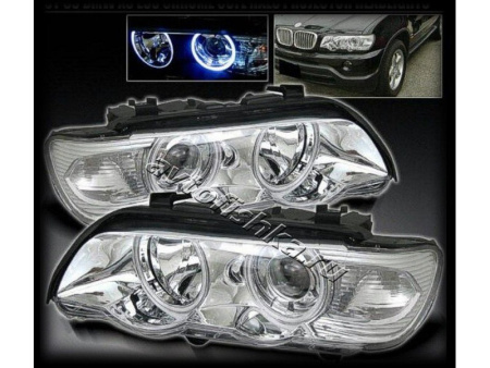 BMW X5 (98-03) фары передние линзовые хромированные, со светящимися ободками, светодиодами, с белыми поворотниками, комплект 2 шт.