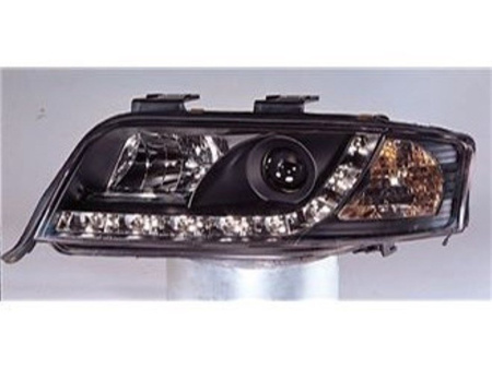 Audi A6 Allroad (01-05) фары передние линзовые, черные с нижней DRL светодиодной подсветкой, комплект 2 шт.