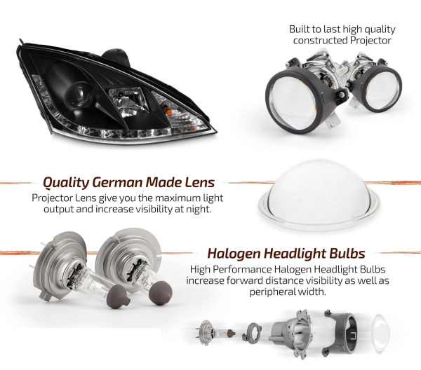 Ford Focus 1 (2000-2004) передние фары линзованные черные, со светодиодной подсветкой ДХО