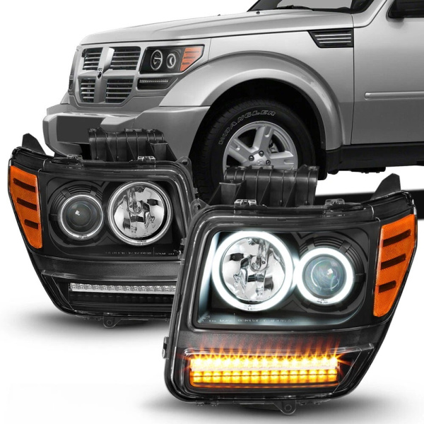 Dodge Nitro (2007-2011) фары передние линзовые черные, с ангельскими глазками и светодиодной подсветкой 