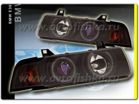 BMW 3 E36 4 дв. седан фары передние линзовые черные, со светящимися ободками, комплект 2 шт.