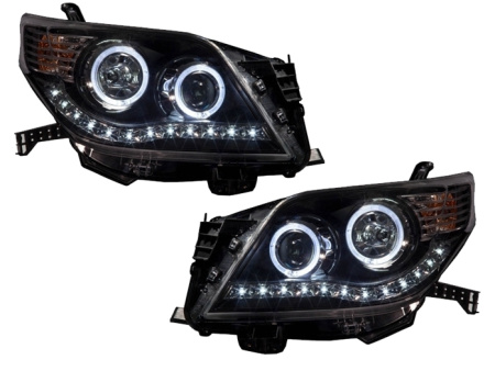 Toyota Land Cruiser Prado 150 (10-) фары передние линзовые черные со светящимися ободками и светодиодной подсветкой, комплект 2 шт.