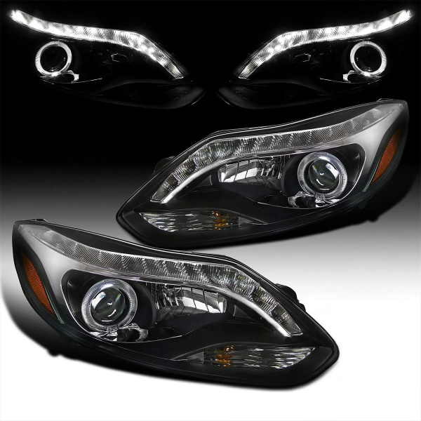 Ford Focus 3 (11-13) тюнинговые фары линзовые с DRL диодной подсветкой черные, 2 шт.