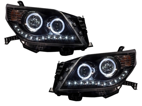 Toyota Land Cruiser Prado 150 (10-) фары передние линзовые черные со светящимися ободками и светодиодной подсветкой, комплект 2 шт.