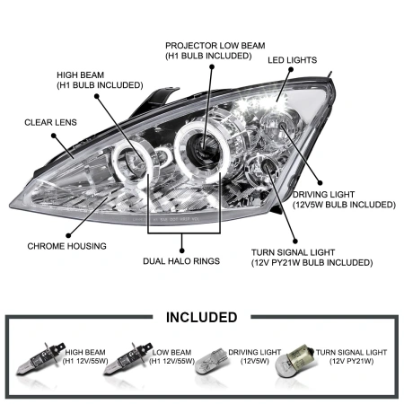 Ford Focus 1 (2000-2004) передние фары линзованные хром, со светящимися ободками