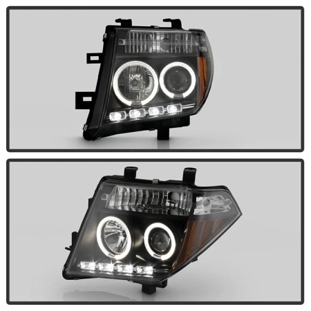 Nissan Pathfinder III, Navara (05-10) передние фары линзовые черные, со светящимися ободками, комплект 2 шт.