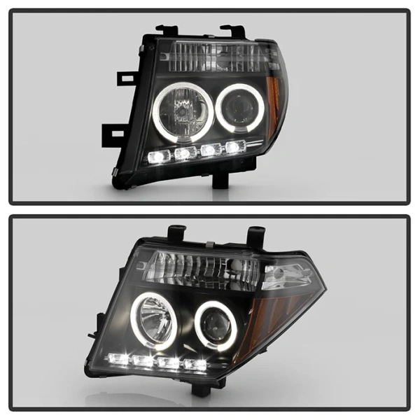 Nissan Pathfinder III, Navara (05-10) передние фары линзовые черные, со светящимися ободками, комплект 2 шт.