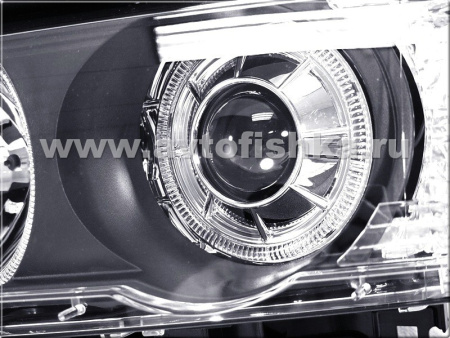 BMW X5 (98-03) передние фары линзовые черные, со светящимися ободками, под штатный ксенон, с моторами электрокорректора, комплект 2 шт.