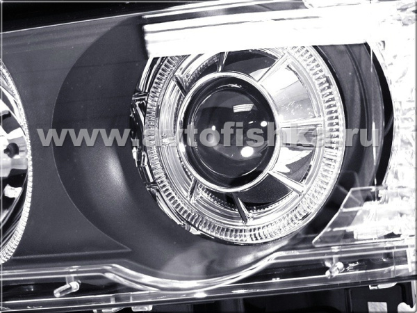 BMW X5 (98-03) передние фары линзовые черные, со светящимися ободками, под штатный ксенон, с моторами электрокорректора, комплект 2 шт.