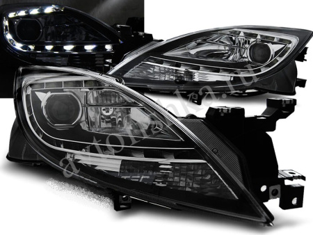 Mazda 6 (2010-2012) тюнинговые передние черные линзовые фары, с подсветкой DRL, комплект 2 шт.