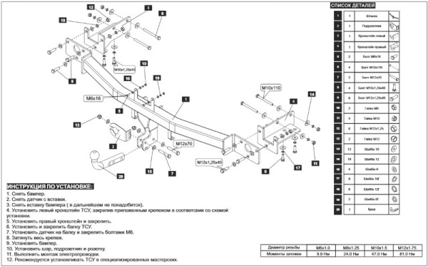 Hyundai ix55 (09–) Фаркоп (тягово-сцепное устройство) (75/1500кг)