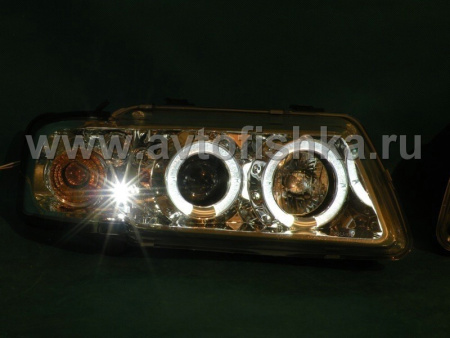 Audi A3 (96-02) передние фары линзовые хромированные, со светящимися ободками, со светодиодами, комплект 2 шт.