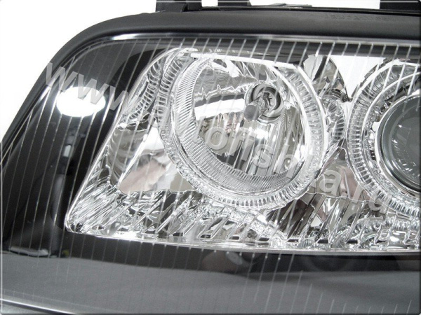 Audi A6 (99-01) фары передние линзовые черные, со светящимися ободками, под ксенон и корректор, комплект 2 шт.