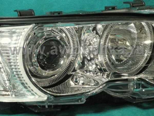 BMW 3 E46 (98-01) 2 дв. фары передние линзовые хромированные, со светящимися ободками, с поворотниками, с мотором электрокорректора, комплект лев.+прав.