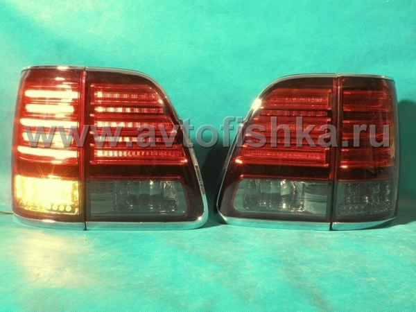 Toyota Land Cruiser 100 (98-07) фонари задние светодиодные красно-тонированные, внешние и внутренние, дизайн Lexus, с хром отделкой, комплект лев.+прав.
