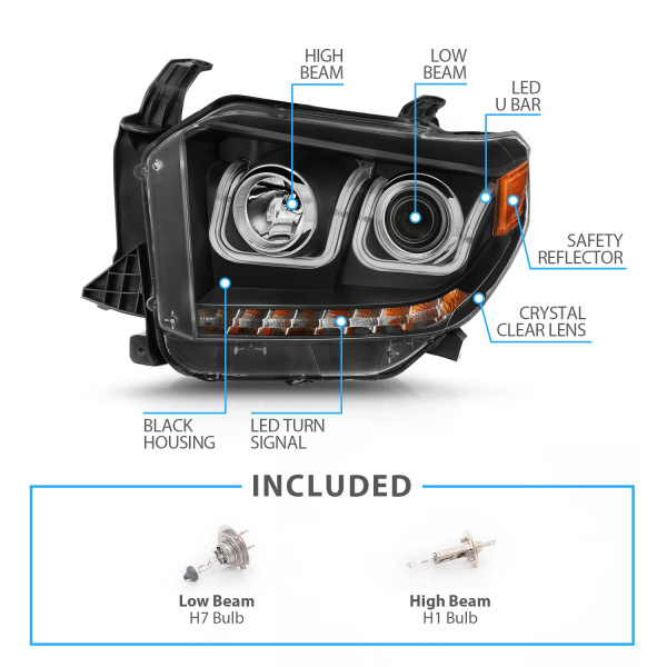 Toyota Tundra (2014-2017) передние фары чёрные с U-образным LED и квадратным проектором (Switchback)