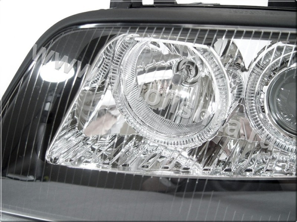Audi A6 Allroad (01-05) передние линзовые фары черные, со светящимися ободками, под ксенон и корректор, комплект 2 шт.