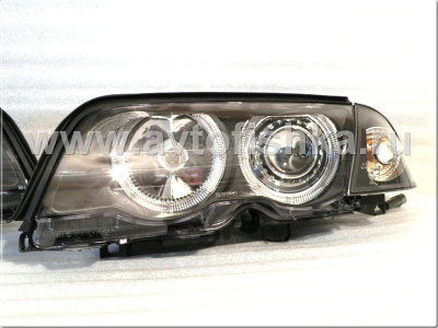 BMW 3 E46 (98-01) 4 дв. фары передние линзовые черные, со светящимися ободками, с поворотниками, с мотором электрокорректора, комплект лев.+прав.
