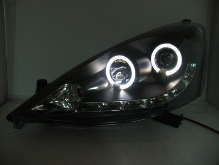 Honda Fit, Jazz (07-) GE, фары передние линзовые черные, со светящимися ободками и светодиодной подсветкой, комплект 2 шт.