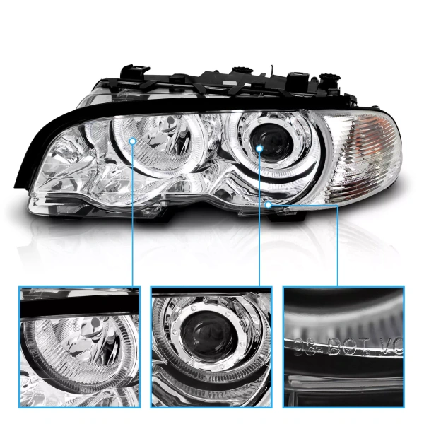 BMW 3 E46 (98-01) купе фары передние линзовые хромированные, со светящимися ободками, с поворотниками, с мотором электрокорректора, комплект лев.+прав.