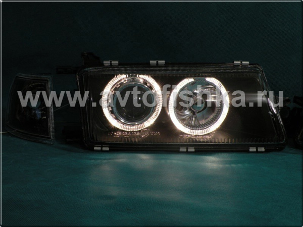 Opel Vectra A (89-95) фары передние линзовые черные, со светящимися ободками, с поворотниками, комплект 2 шт.