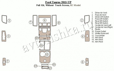 Декоративные накладки салона Ford Taurus 2013-н.в. Полный набо, без Touch screen, SE модель.