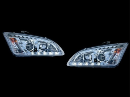 Ford Focus 2 (05-07) фары передние линзовые с нижней светодиодной подсветкой, хромированные, комплект 2 шт.