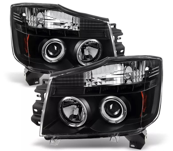 Nissan Titan | Armada (2004-2015) фары передние линзовые черные, с ангельскими глазками