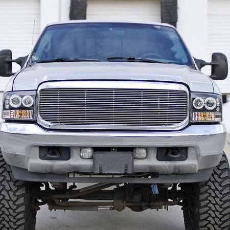 Ford Excursion (00-05) фары передние линзовые черные со светящимися ободками, со светодиодной подсветкой, комплект 2 шт.