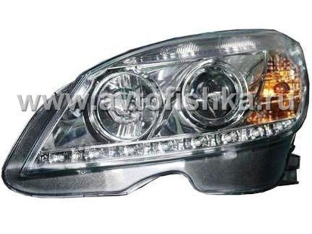 Mercedes C-class W204 (07-11) передние линзовые хромированные фары со светодиодной подсветкой DRL и с моторами электрокорректора, помплект 2 шт.