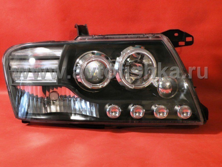 Mitsubishi Pajero 3 (2000-2006) фары передние линзовые черные со светящимися ободками и светодиодной подсветкой, комплект 2 шт.