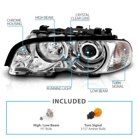 BMW 3 E46 (98-01) купе фары передние линзовые хромированные, со светящимися ободками, с поворотниками, с мотором электрокорректора, комплект лев.+прав.