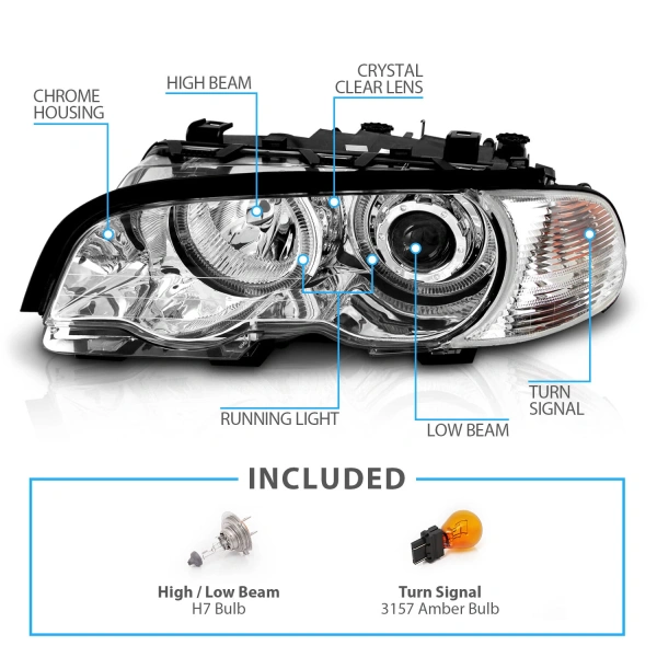 BMW 3 E46 (98-01) купе фары передние линзовые хромированные, со светящимися ободками, с поворотниками, с мотором электрокорректора, комплект лев.+прав.