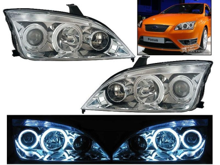 Ford Focus 2 ZX4 (05-07) USA фары передние линзовые хромированные, со светящимися ободками CCFL, комплект 2 шт.