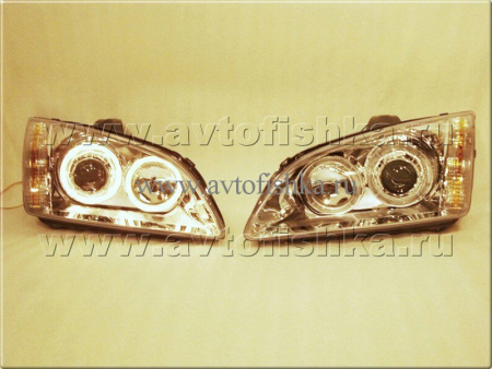 Ford Focus 2 (05-07) фары передние линзовые хромированные, со светящимися ободками, комплект 2 шт.