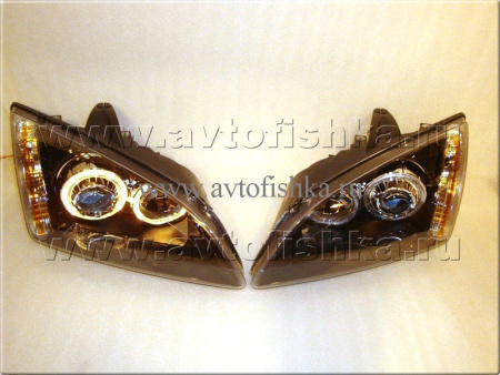 Ford Focus 2 (05-07) фары передние линзовые черные, под корректор, со светящимися ободками, комплект 2 шт.