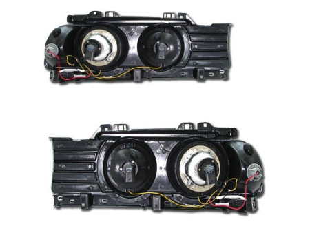BMW 5 E34 (88-94) фары передние линзовые черные, со светящимися ободками, комплект 2 шт.