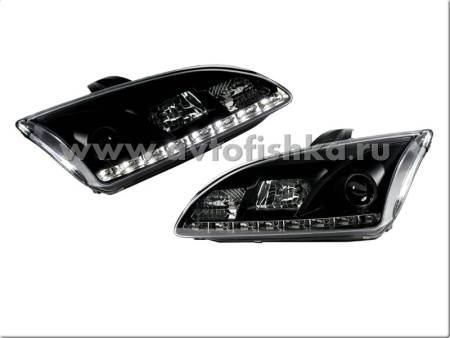 Ford Focus 2 (05-07) фары линзовые передние с нижней светодиодной подсветкой, черные, комплект 2 шт.