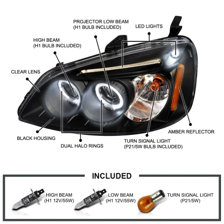 Honda Civic (01-03) 2, 4 дв. фары передние линзовые черные, со светящимися ободками, комплект 2 шт.