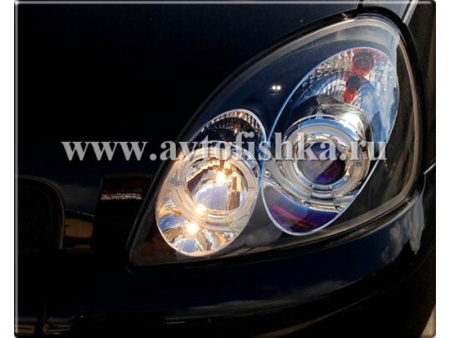 Toyota Yaris, Vitz (99-05) фары передние линзовые черные, со светящимися ободками, комплект 2 шт.