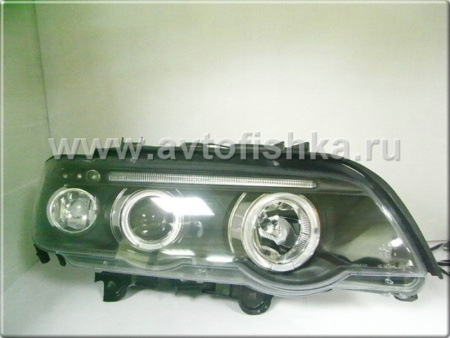 BMW X5 (98-03) фары передние линзовые черные, со светящимися ободками, с белыми поворотниками, комплект 2 шт.