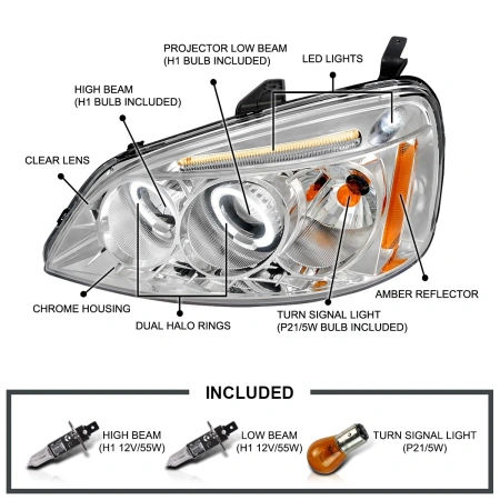 Honda Civic Ferio ES, ET (01-03) 4 дверн. фары передние хромированные, со светящимися ободками с белыми рефлекторами, линзовые