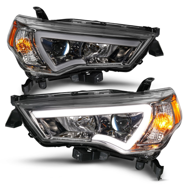 Toyota 4Runner (2014-2022) передние фары тёмно-серые линзованные с LED DRL