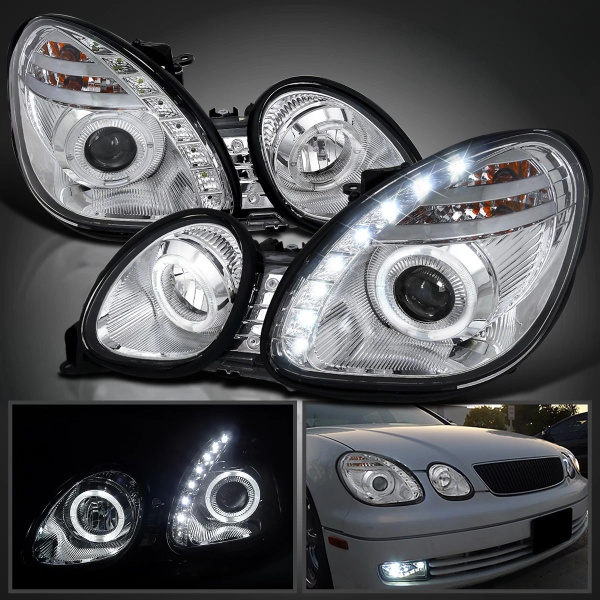 Lexus GS300, GS400, GS430, Toyota Aristo (97-05) фары передние линзовые хромированные со светящимися ободками и DRL подсветкой, комплект 2 шт.