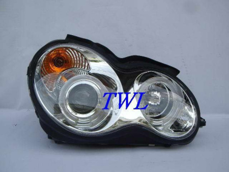 Mercedes C-class W203 (00-07) фары передние линзовые хромированные, со светящимися ободками, комплект 2 шт.