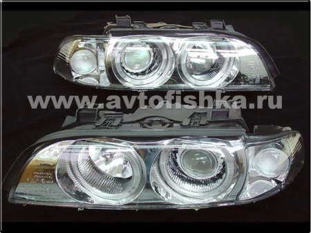 BMW 5 E39 (95-00) фары передние хромированные, со светящимися ободками, с белым поворотником, с моторами электрокорректора, комплект 2 шт.