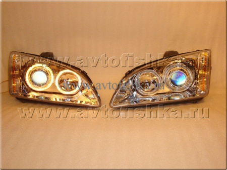 Ford Focus 2 (05-07) фары передние линзовые хромированные, со светящимися ободками, комплект 2 шт.