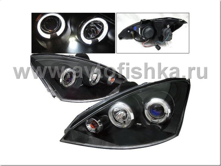 Ford Focus 1 (1998-2004) Europe+USA фары передние линзовые черные, со светящимися ободками, комплект 2 шт.